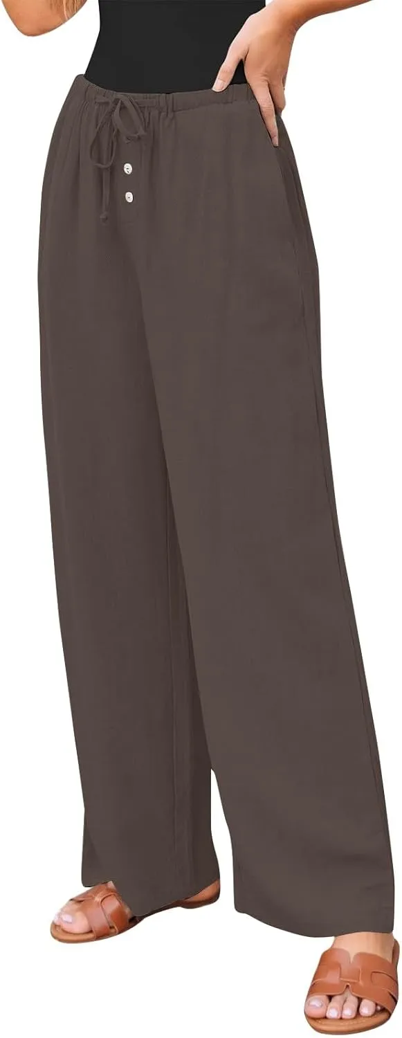 Summer Pants for Women Baggy Linen Elastic 2025 Pants Wide Leg Beach High Waisted with Pocket Solid Outfit Resort Wear