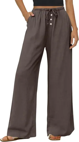 Summer Pants for Women Baggy Linen Elastic 2025 Pants Wide Leg Beach High Waisted with Pocket Solid Outfit Resort Wear