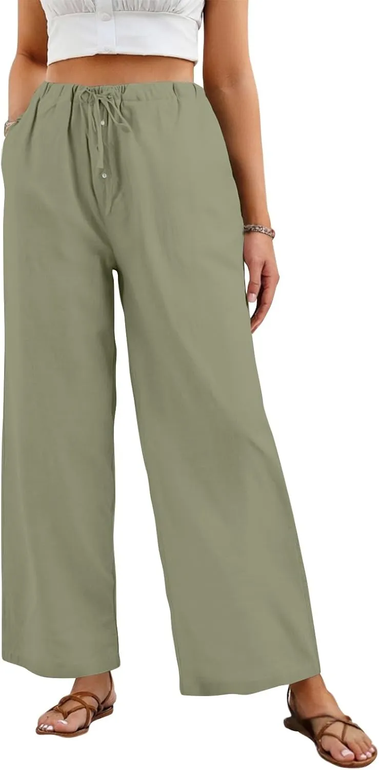 Summer Pants for Women Baggy Linen Elastic 2025 Pants Wide Leg Beach High Waisted with Pocket Solid Outfit Resort Wear