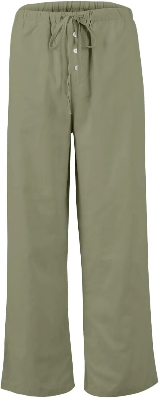 Summer Pants for Women Baggy Linen Elastic 2025 Pants Wide Leg Beach High Waisted with Pocket Solid Outfit Resort Wear