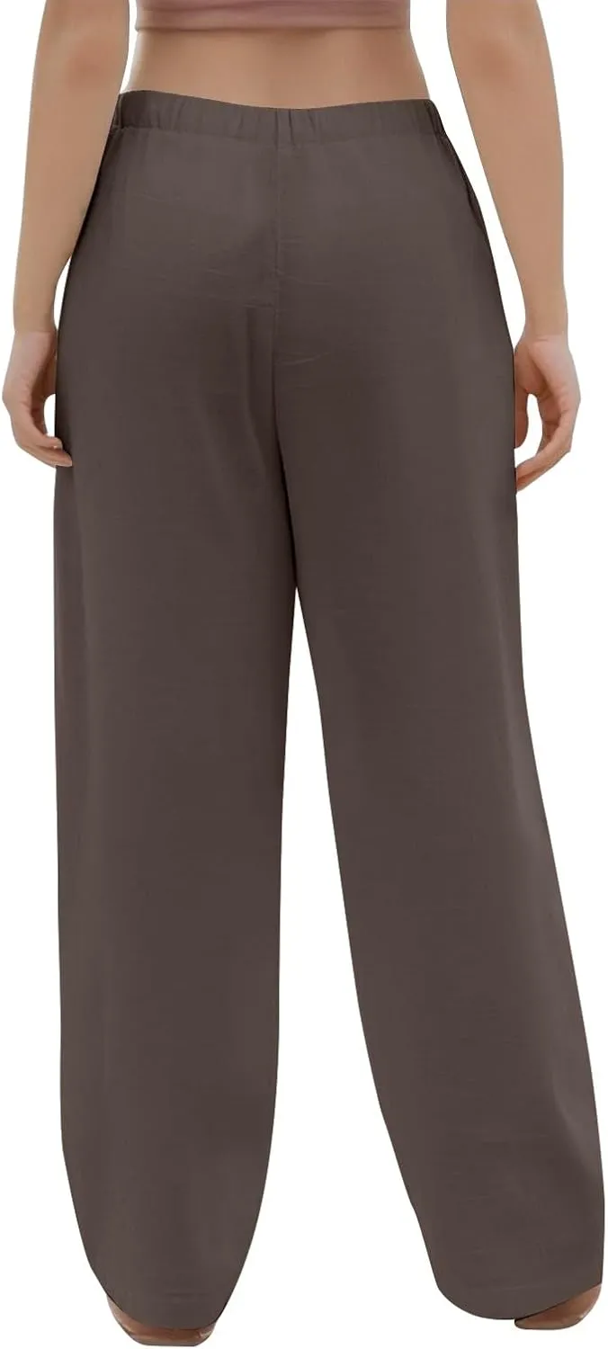 Summer Pants for Women Baggy Linen Elastic 2025 Pants Wide Leg Beach High Waisted with Pocket Solid Outfit Resort Wear