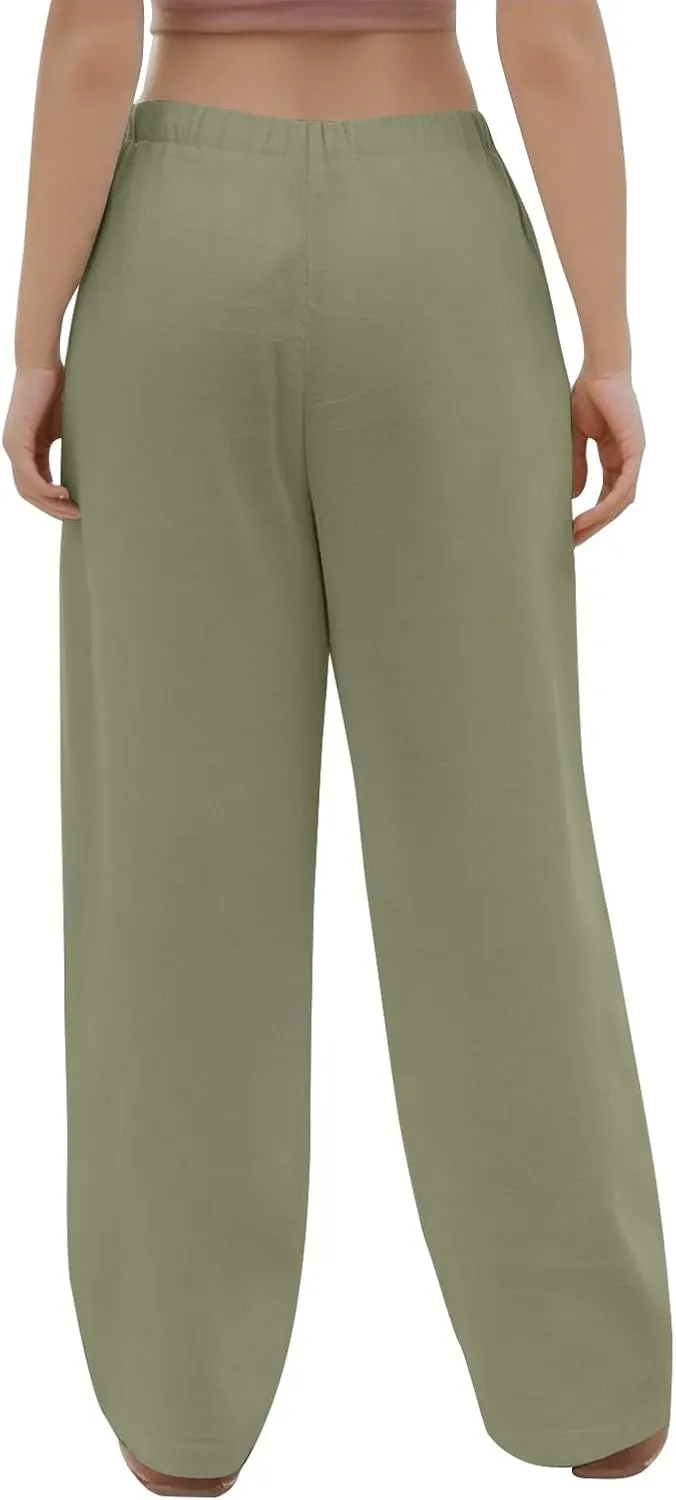 Summer Pants for Women Baggy Linen Elastic 2025 Pants Wide Leg Beach High Waisted with Pocket Solid Outfit Resort Wear
