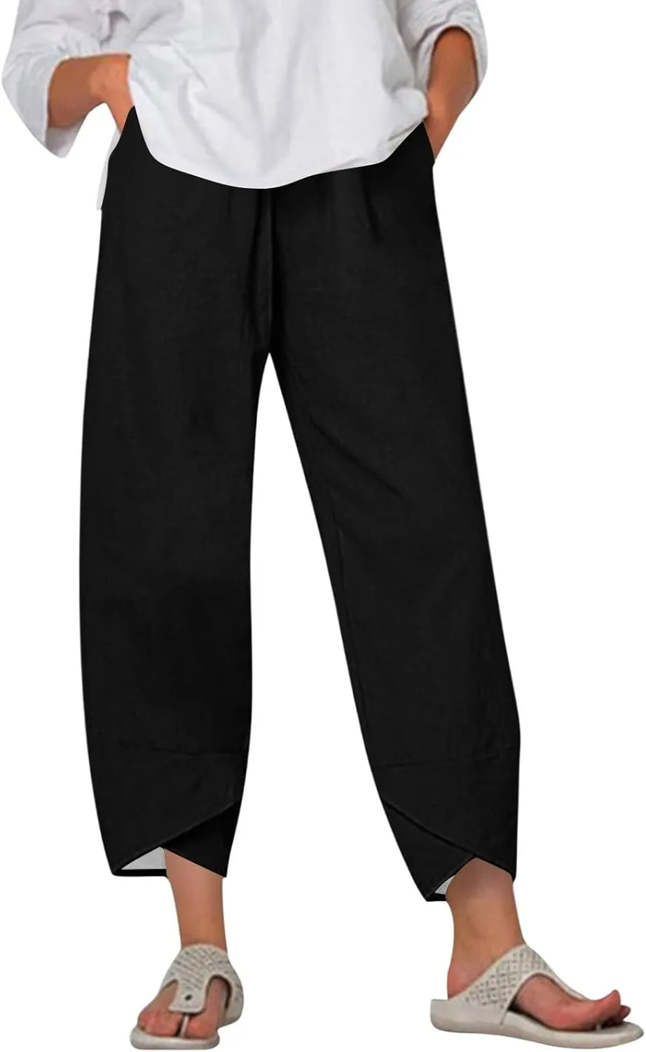 Summer Pants for Women Dressy Casual Linen Boho Wide Leg High Waist Capri Pants Elastic Waist Solid Straight Leg Outfits