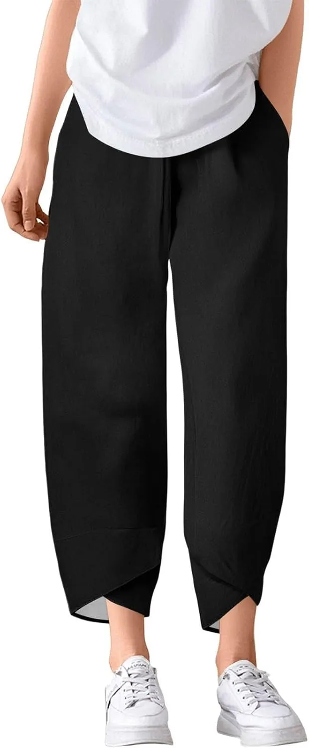 Summer Pants for Women Dressy Casual Linen Boho Wide Leg High Waist Capri Pants Elastic Waist Solid Straight Leg Outfits