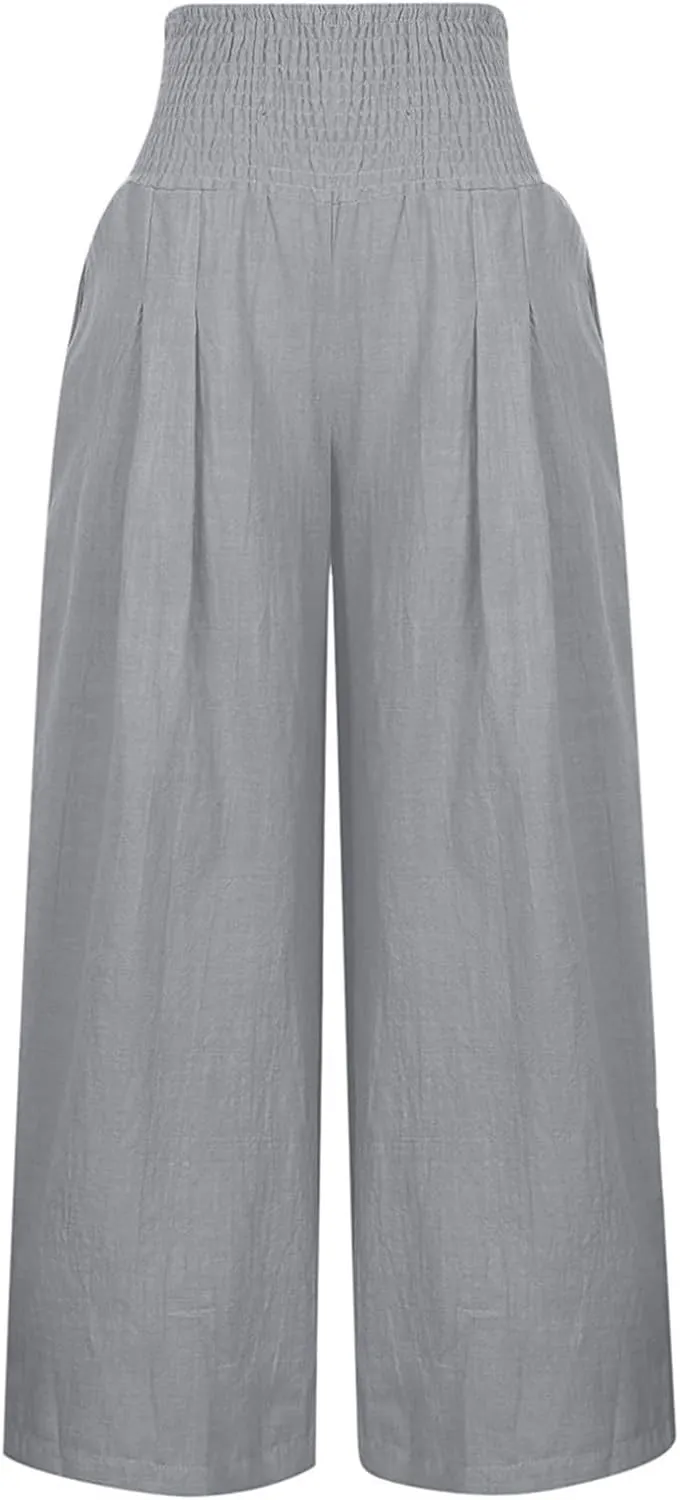 Summer Pants for Women Plus Linen Lounge Wide Leg High Waist Elastic Waist Palazzo Travel Pants Fashion Smocked Trousers