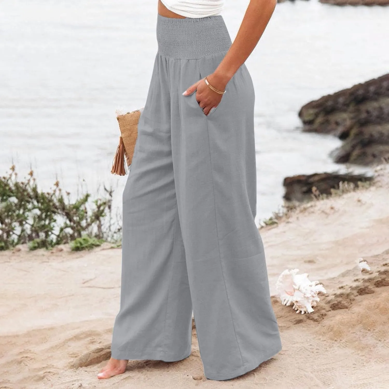 Summer Pants for Women Plus Linen Lounge Wide Leg High Waist Elastic Waist Palazzo Travel Pants Fashion Smocked Trousers