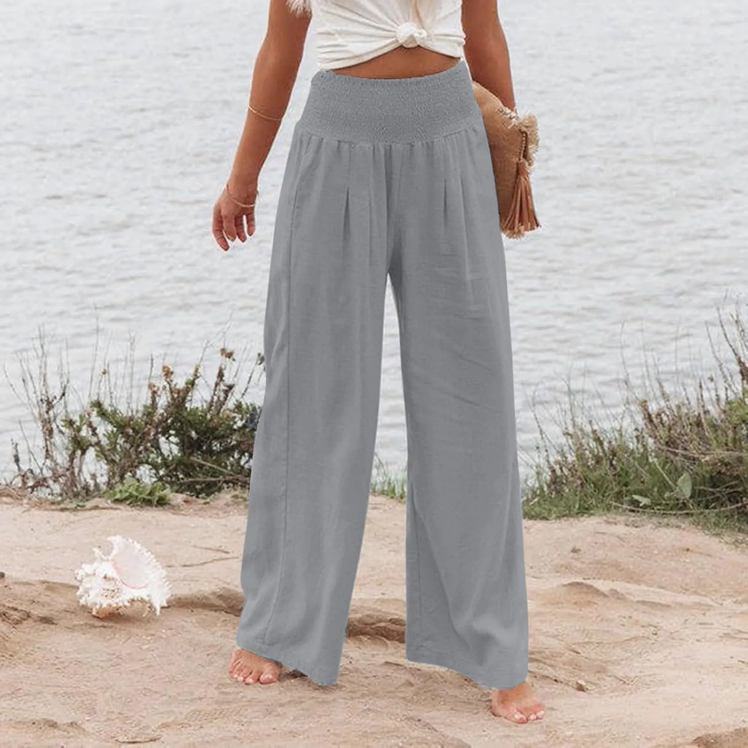 Summer Pants for Women Plus Linen Lounge Wide Leg High Waist Elastic Waist Palazzo Travel Pants Fashion Smocked Trousers