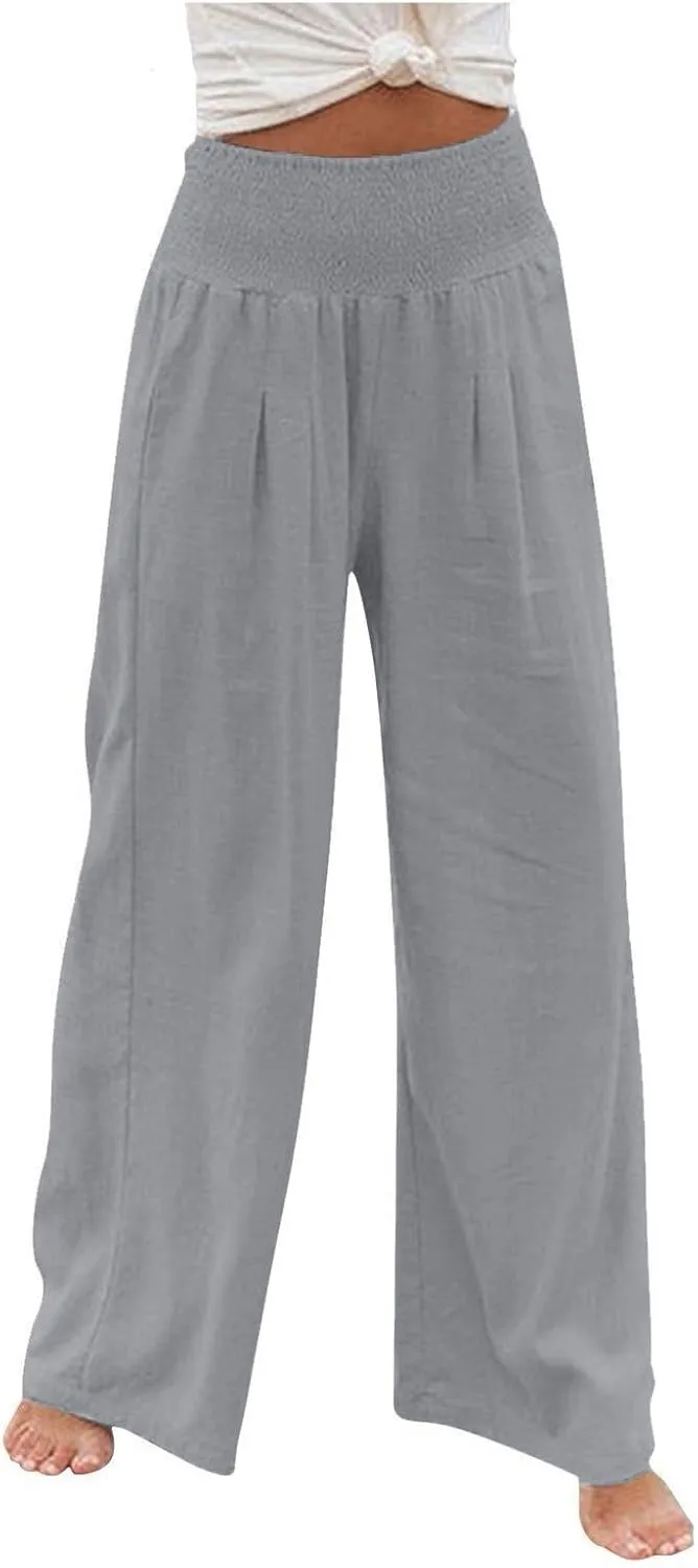 Summer Pants for Women Plus Linen Lounge Wide Leg High Waist Elastic Waist Palazzo Travel Pants Fashion Smocked Trousers