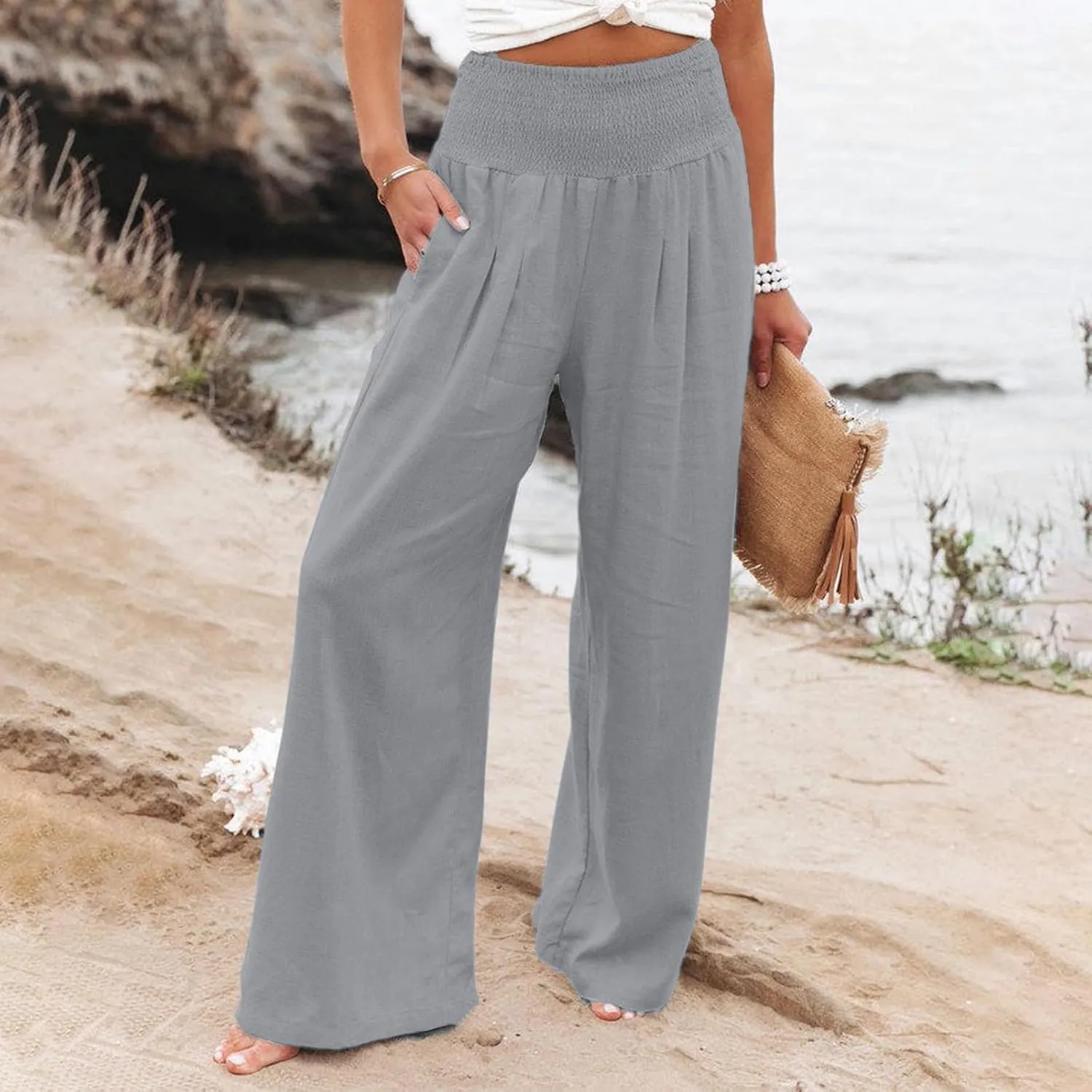 Summer Pants for Women Plus Linen Lounge Wide Leg High Waist Elastic Waist Palazzo Travel Pants Fashion Smocked Trousers