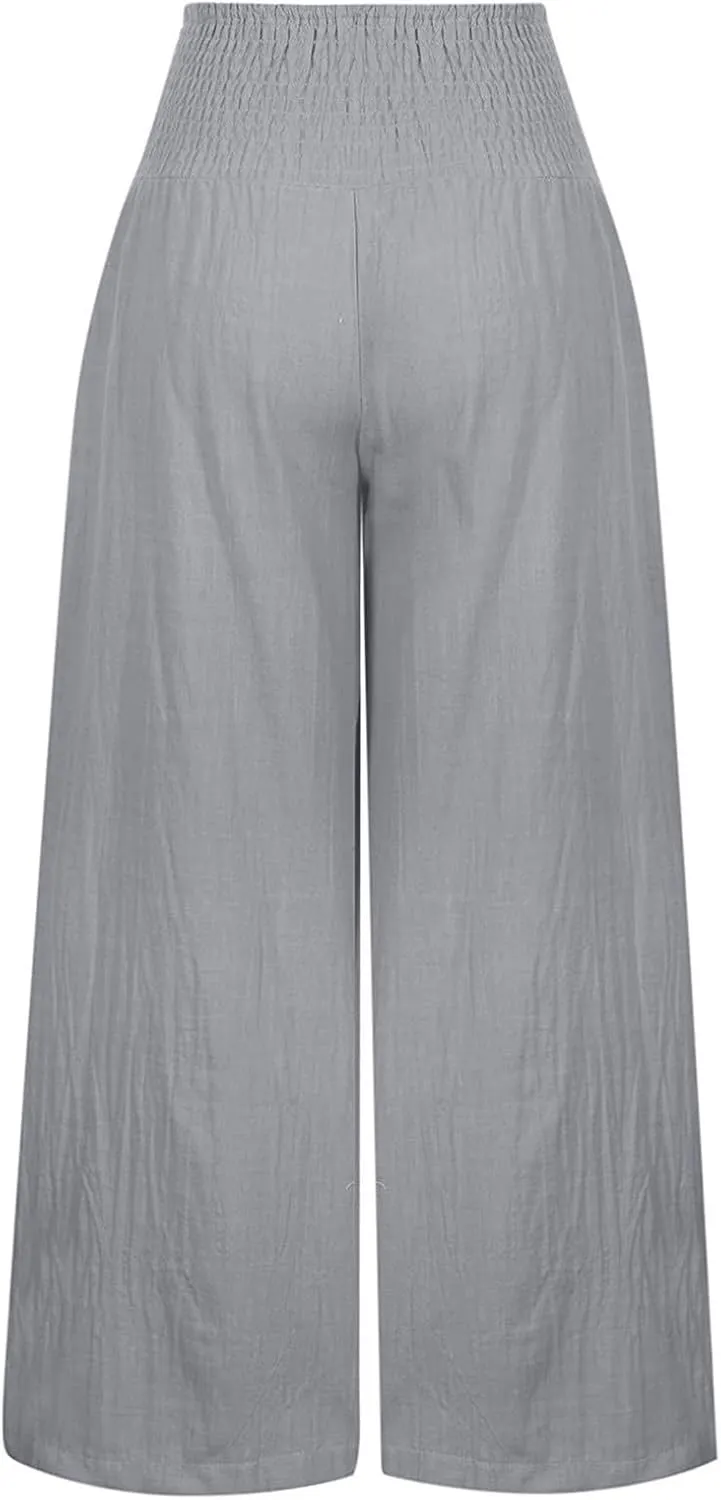 Summer Pants for Women Plus Linen Lounge Wide Leg High Waist Elastic Waist Palazzo Travel Pants Fashion Smocked Trousers