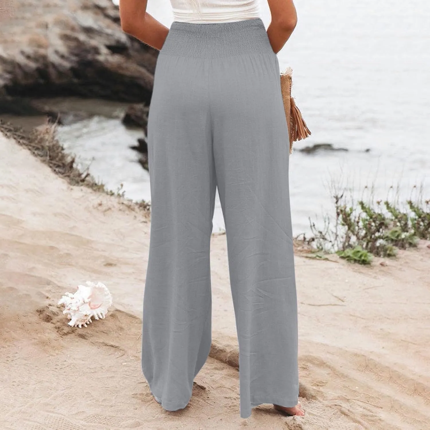 Summer Pants for Women Plus Linen Lounge Wide Leg High Waist Elastic Waist Palazzo Travel Pants Fashion Smocked Trousers