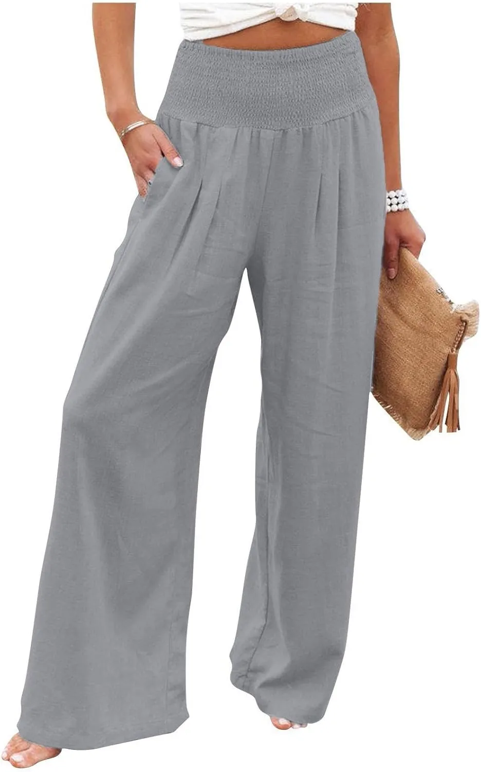 Summer Pants for Women Plus Linen Lounge Wide Leg High Waist Elastic Waist Palazzo Travel Pants Fashion Smocked Trousers