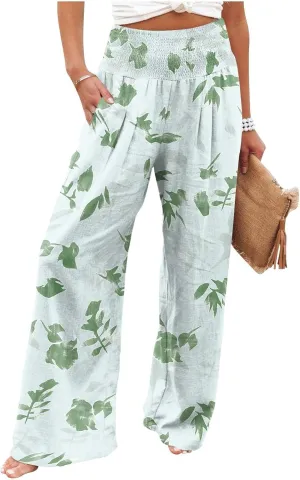 Summer Pants Women Wide Leg Smocked Waist High Waisted Floral Pants Palazzo Stretch Ruched Lounge Trousers Pocket Boho