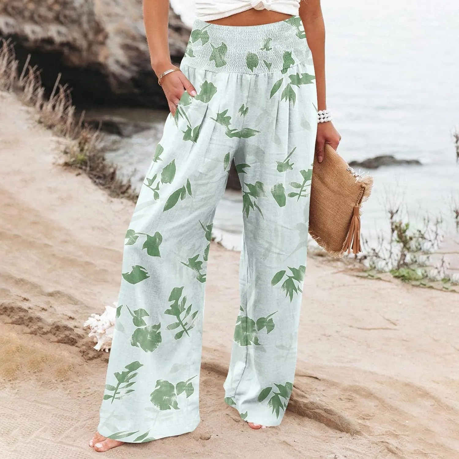 Summer Pants Women Wide Leg Smocked Waist High Waisted Floral Pants Palazzo Stretch Ruched Lounge Trousers Pocket Boho