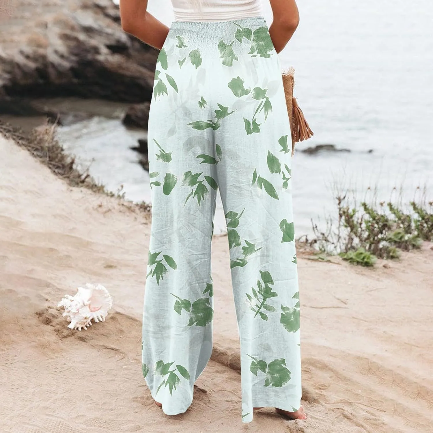 Summer Pants Women Wide Leg Smocked Waist High Waisted Floral Pants Palazzo Stretch Ruched Lounge Trousers Pocket Boho