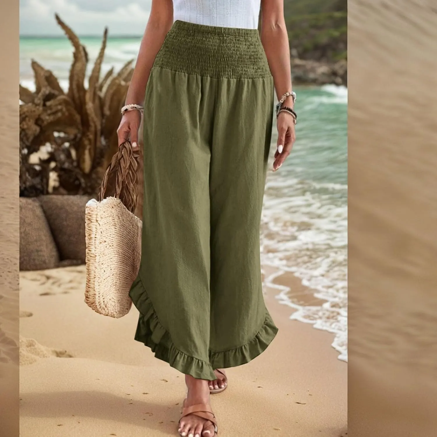 Summer Travel Pants Women Linen Beach Wide Leg Elastic Waist Palazzo Pants Casual Classic Smocked Ruffle Hem Outfits