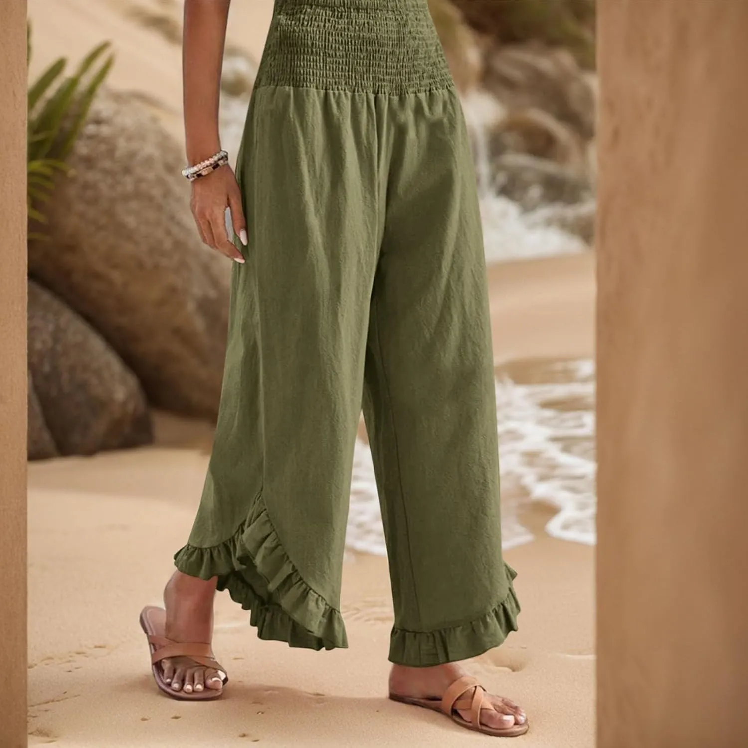 Summer Travel Pants Women Linen Beach Wide Leg Elastic Waist Palazzo Pants Casual Classic Smocked Ruffle Hem Outfits
