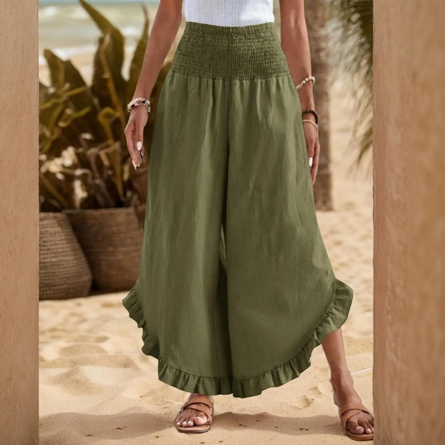 Summer Travel Pants Women Linen Beach Wide Leg Elastic Waist Palazzo Pants Casual Classic Smocked Ruffle Hem Outfits
