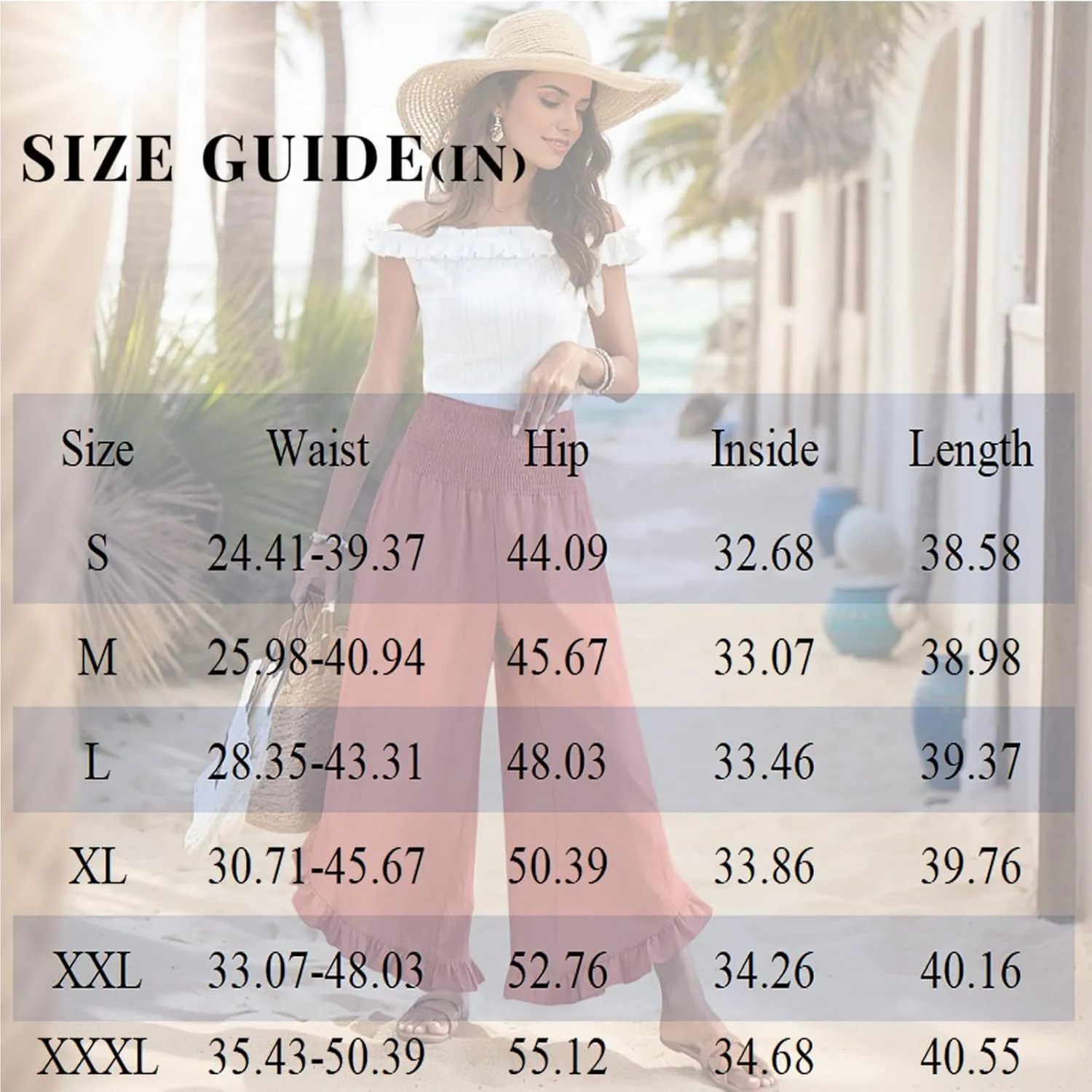 Summer Travel Pants Women Linen Beach Wide Leg Elastic Waist Palazzo Pants Casual Classic Smocked Ruffle Hem Outfits