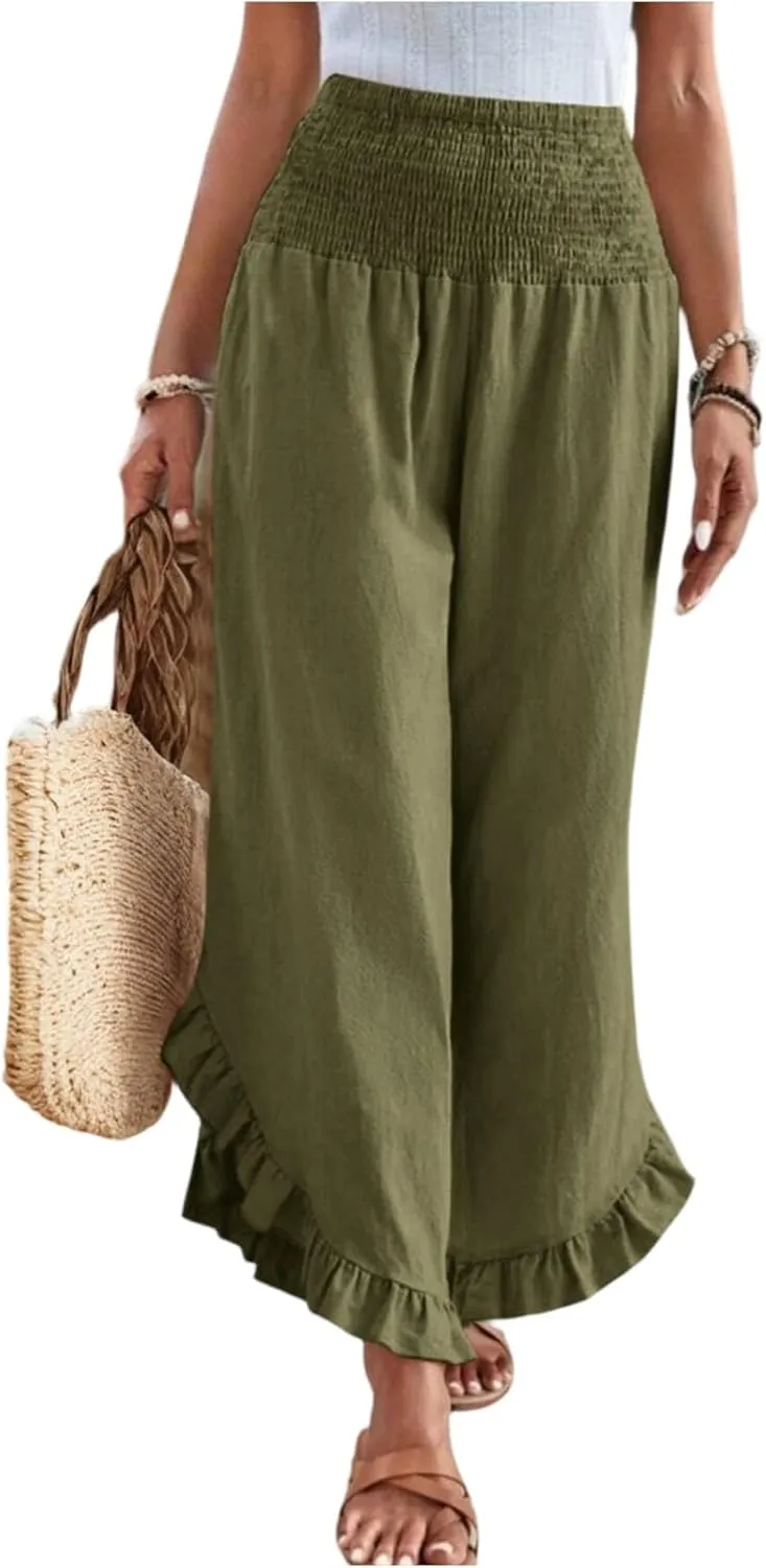 Summer Travel Pants Women Linen Beach Wide Leg Elastic Waist Palazzo Pants Casual Classic Smocked Ruffle Hem Outfits