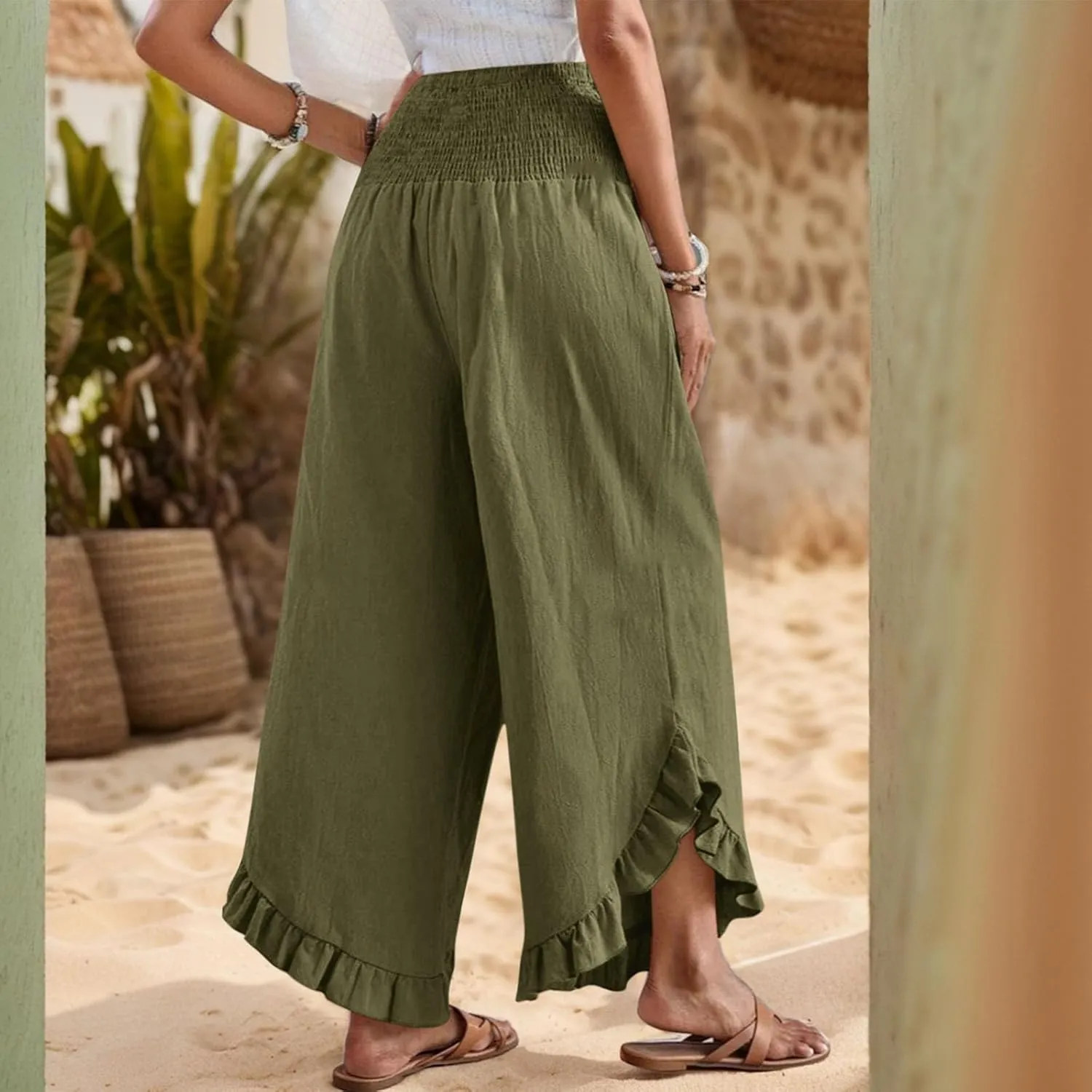 Summer Travel Pants Women Linen Beach Wide Leg Elastic Waist Palazzo Pants Casual Classic Smocked Ruffle Hem Outfits