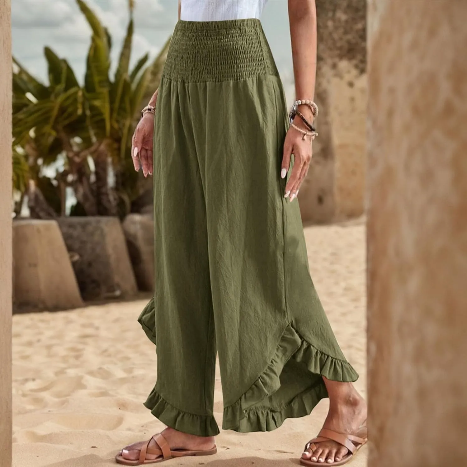 Summer Travel Pants Women Linen Beach Wide Leg Elastic Waist Palazzo Pants Casual Classic Smocked Ruffle Hem Outfits