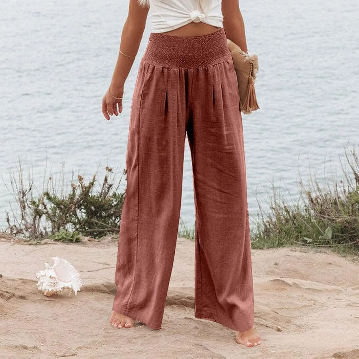 Summer Wide Leg Pants for Women Linen Elastic high Waisted Pants Trendy Beach Ruched Solid Baggy Trousers Pockets 2025