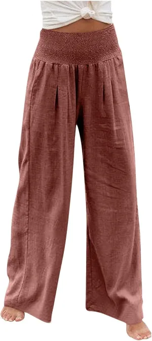 Summer Wide Leg Pants for Women Linen Elastic high Waisted Pants Trendy Beach Ruched Solid Baggy Trousers Pockets 2025