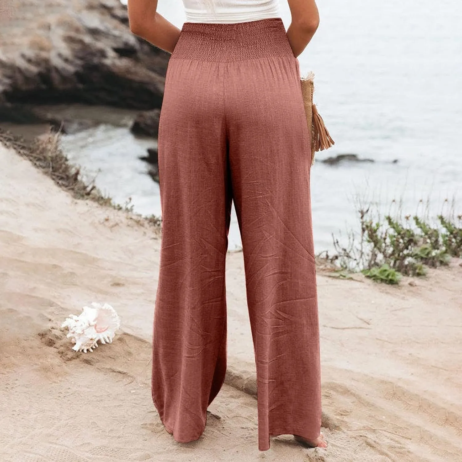 Summer Wide Leg Pants for Women Linen Elastic high Waisted Pants Trendy Beach Ruched Solid Baggy Trousers Pockets 2025