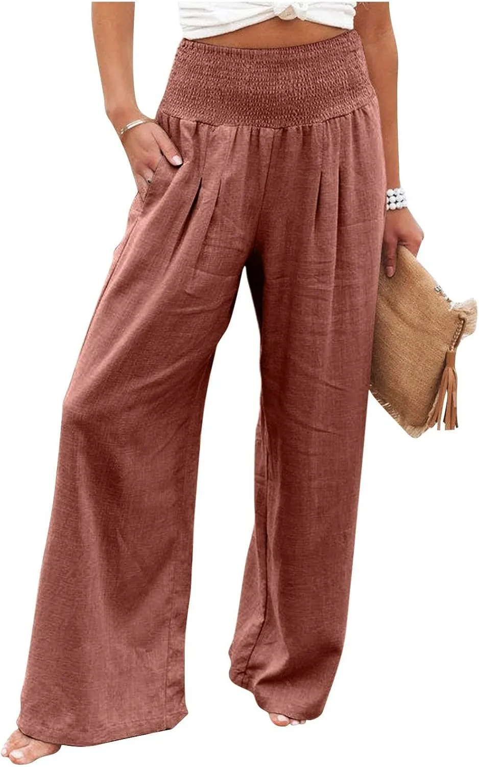 Summer Wide Leg Pants for Women Linen Elastic high Waisted Pants Trendy Beach Ruched Solid Baggy Trousers Pockets 2025