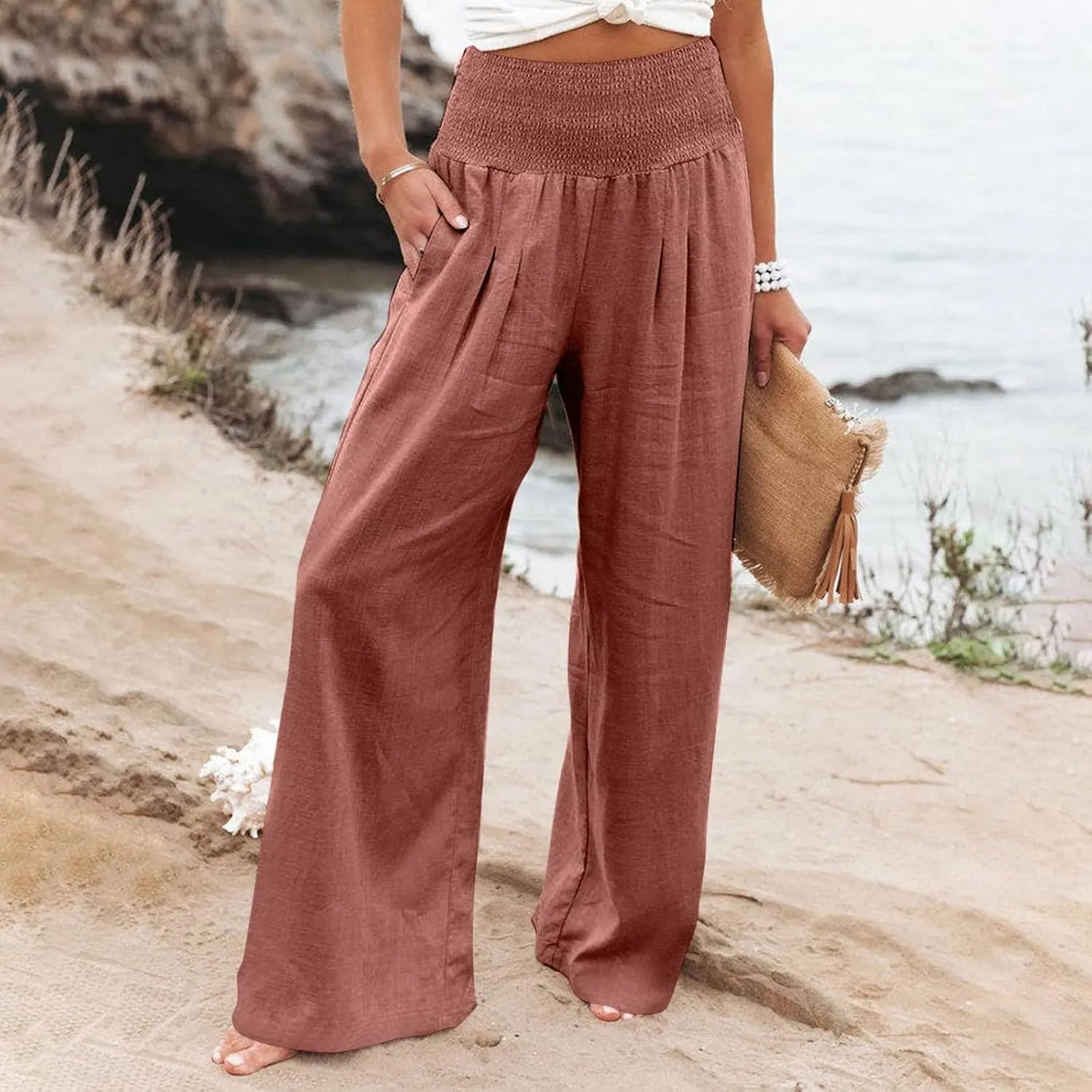 Summer Wide Leg Pants for Women Linen Elastic high Waisted Pants Trendy Beach Ruched Solid Baggy Trousers Pockets 2025