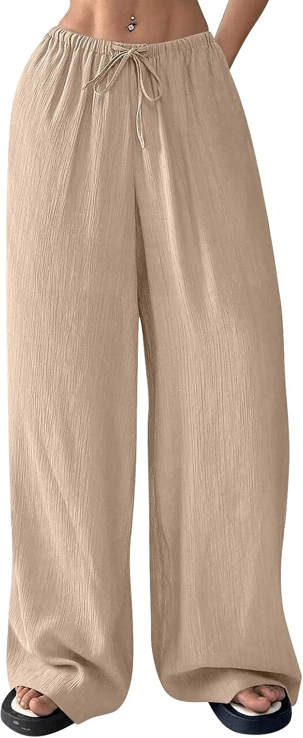 Summer Women Pants Linen Baggy Wide Leg High Waist Solid Palazzo Pants Long Cute Soft Straight Leg Outfits with Pockets