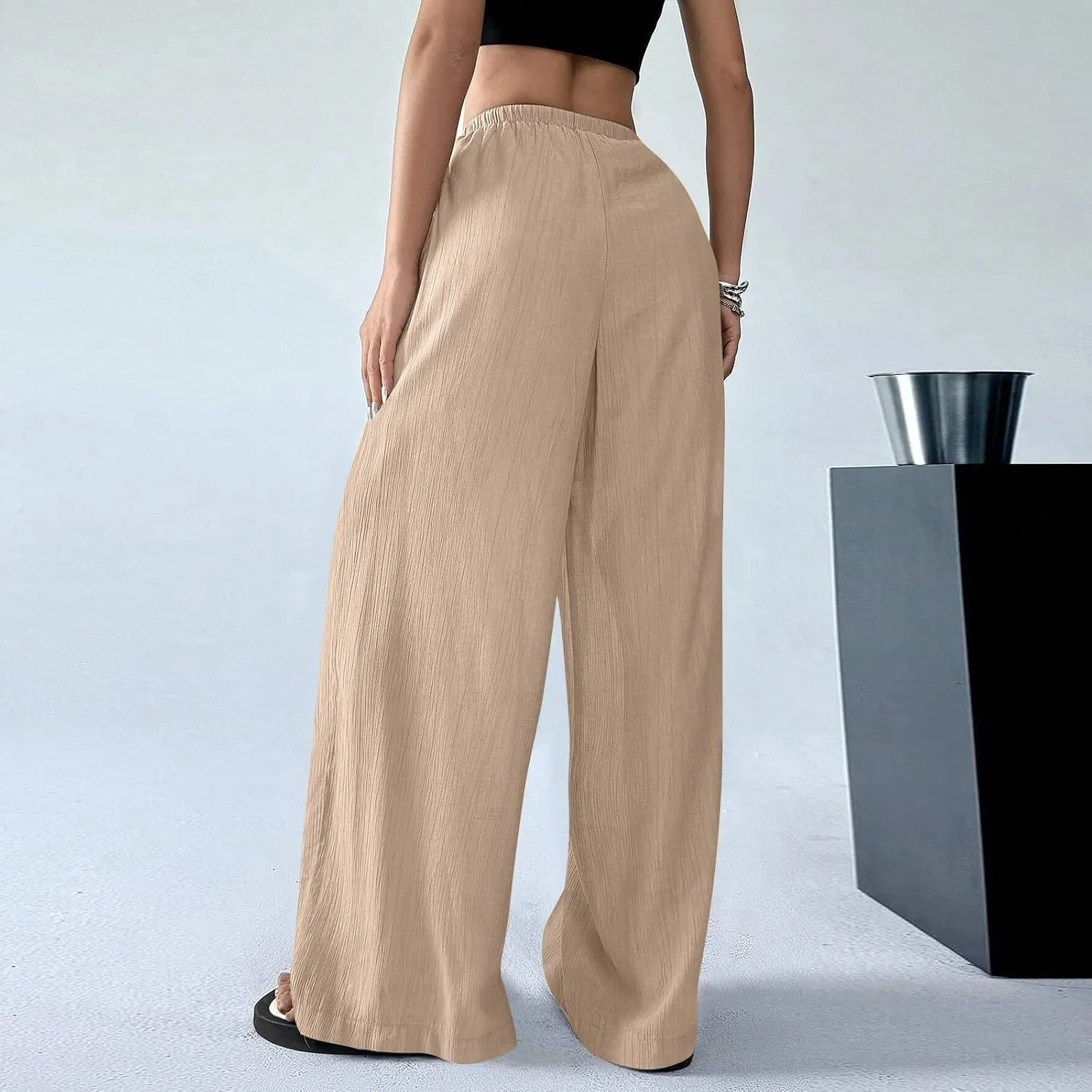 Summer Women Pants Linen Baggy Wide Leg High Waist Solid Palazzo Pants Long Cute Soft Straight Leg Outfits with Pockets