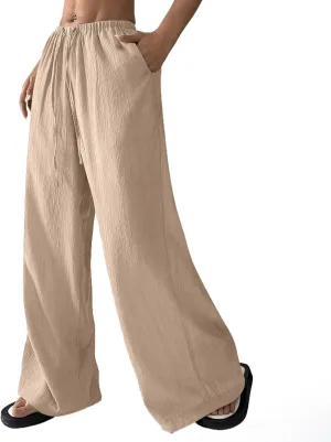 Summer Women Pants Linen Baggy Wide Leg High Waist Solid Palazzo Pants Long Cute Soft Straight Leg Outfits with Pockets