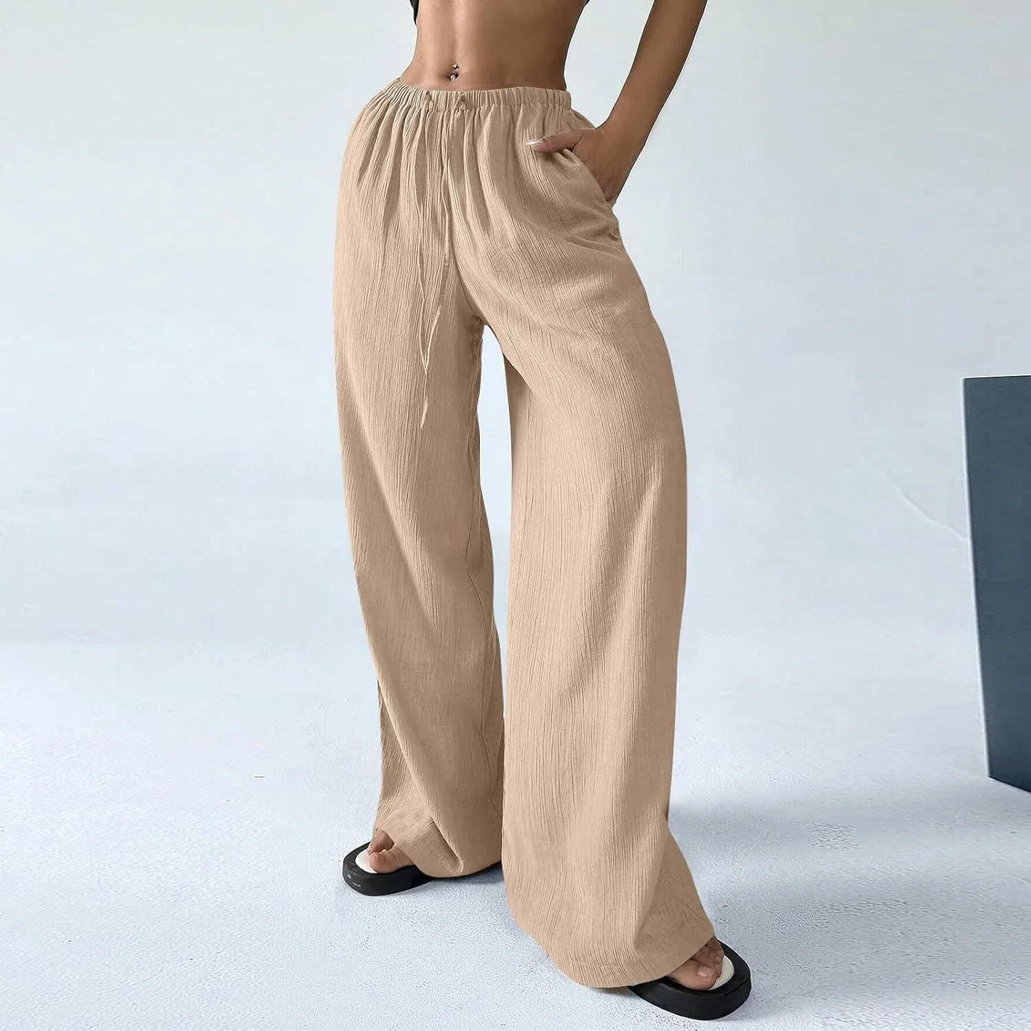 Summer Women Pants Linen Baggy Wide Leg High Waist Solid Palazzo Pants Long Cute Soft Straight Leg Outfits with Pockets