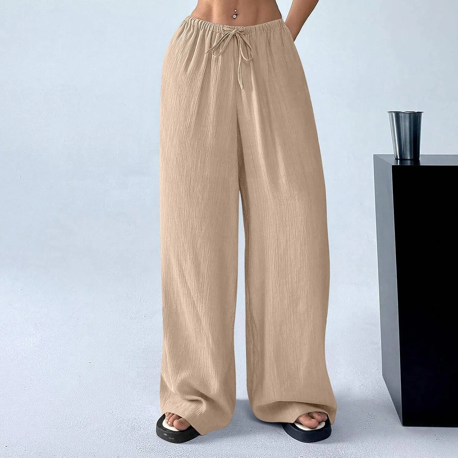 Summer Women Pants Linen Baggy Wide Leg High Waist Solid Palazzo Pants Long Cute Soft Straight Leg Outfits with Pockets
