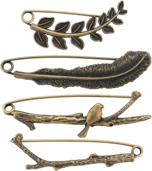 SUNNYCLUE 1 Box 8Pcs Vintage Lapel Pins Antique Bronze Lapel Pin Brooches Safety Brooch Pins Large Leaf Lapel Pin Feather Bird Branch Lapel Brooches for Men Women Coats Jackets Hats Bags Decoration