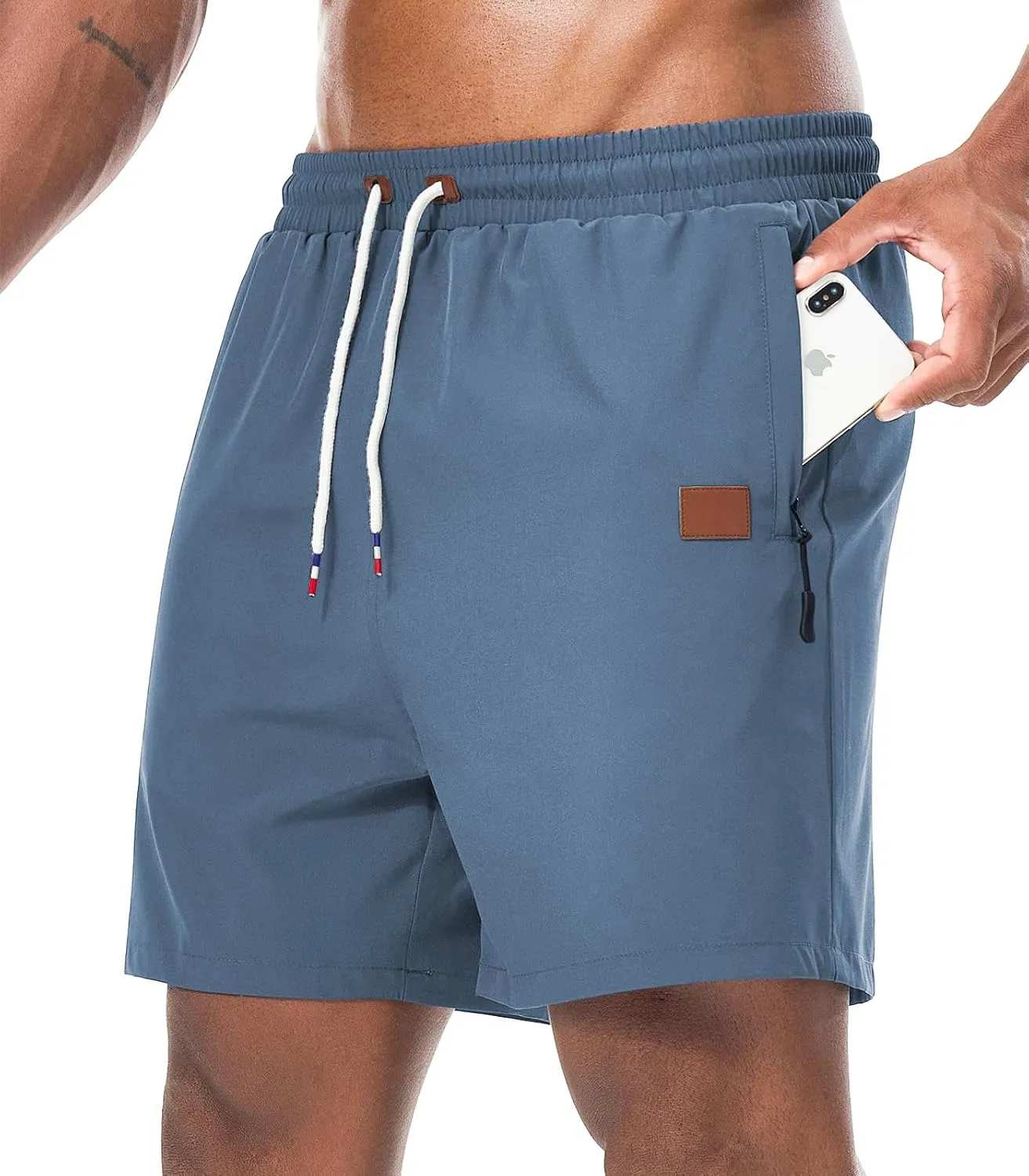 Surenow Mens Casual Shorts Running Gym Shorts Drawstring Elastic Waist Shorts Stretch Summer Beach Shorts with Zipper Pockets