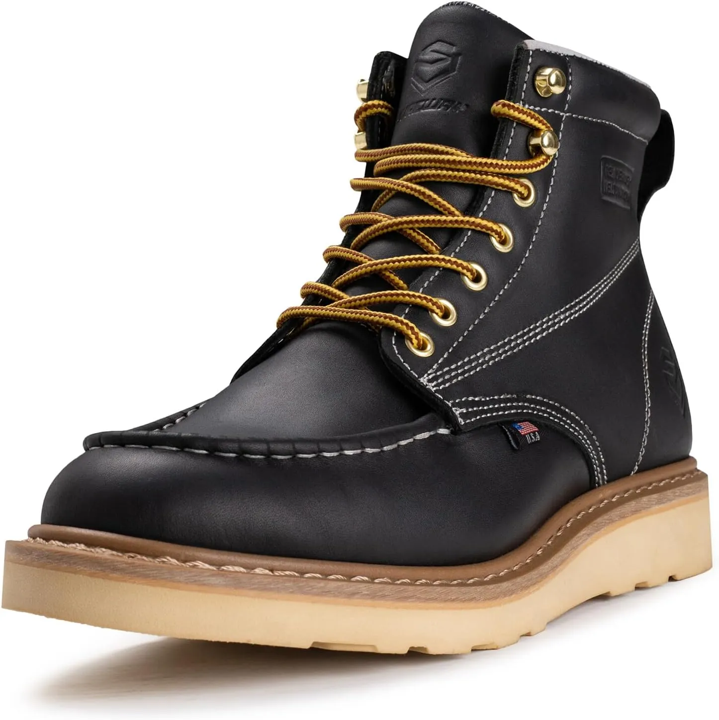 SUREWAY 6 in Mens Soft/Steel Toe Work Boots for Men-Full Grain Leather,Goodyear,Non-Slip EH Safety Industial Construction Wedge Moc Toe Work Boots/Shoes,Soft Toe Black,Size 7.5