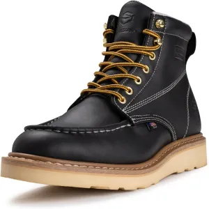 SUREWAY 6 in Mens Soft/Steel Toe Work Boots for Men-Full Grain Leather,Goodyear,Non-Slip EH Safety Industial Construction Wedge Moc Toe Work Boots/Shoes,Soft Toe Black,Size 7.5