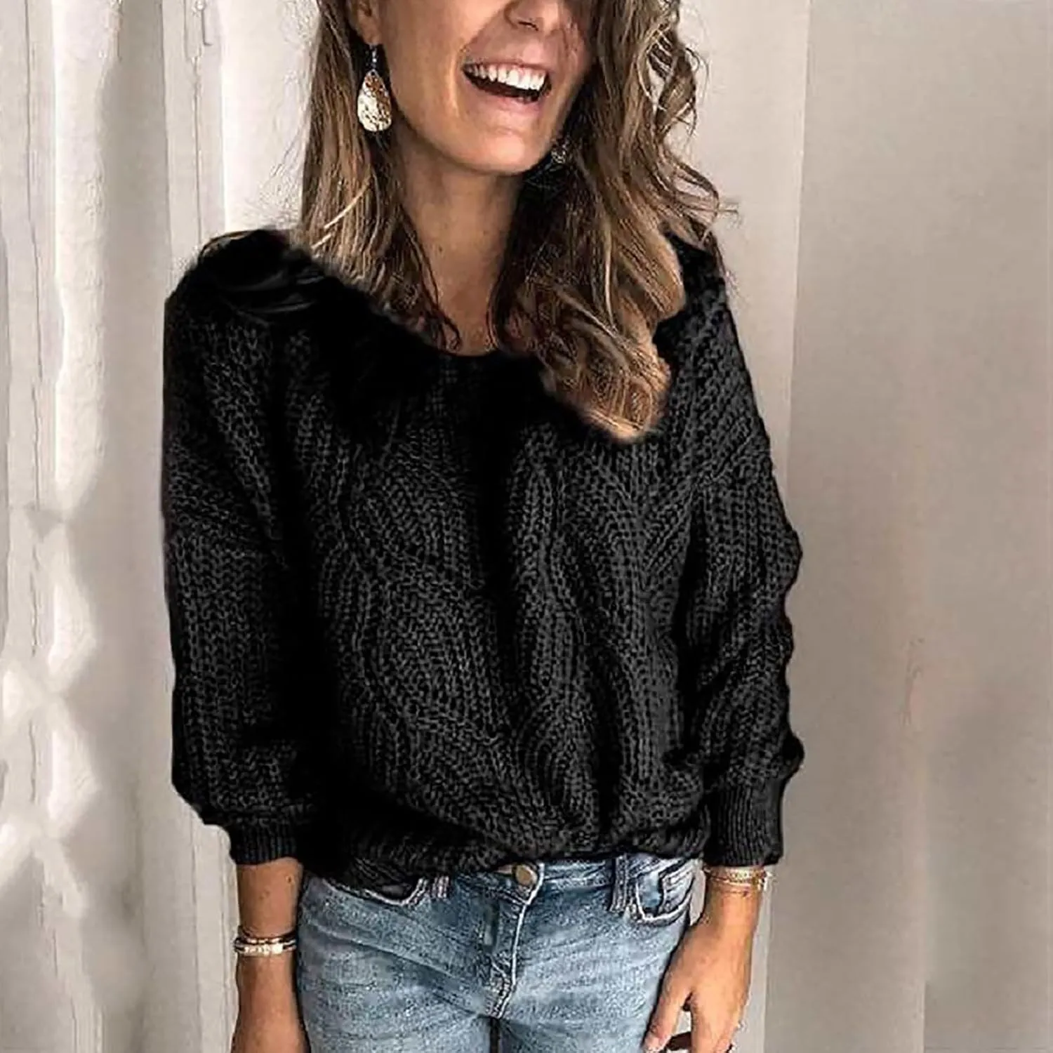 Sweaters for Women Fall Winter Striped Crewneck Knit Long Sleeve Casual Loose Hollow Out Vintage Pullover Top 2024