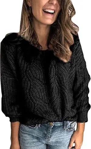 Sweaters for Women Fall Winter Striped Crewneck Knit Long Sleeve Casual Loose Hollow Out Vintage Pullover Top 2024