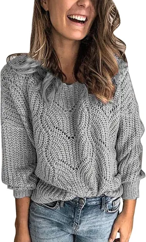 Sweaters for Women Fall Winter Striped Crewneck Knit Long Sleeve Casual Loose Hollow Out Vintage Pullover Top 2024