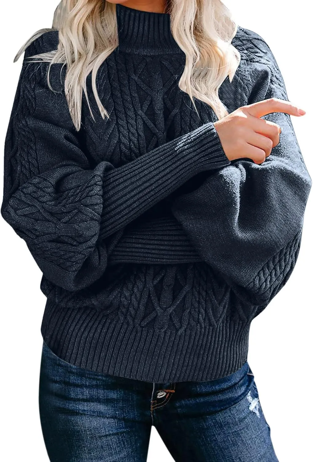 Sweaters for Women Mock Turtleneck Solid Cable Knitted Trendy Lantern Sleeve Warm Comfort Pullover Sweaters Tops
