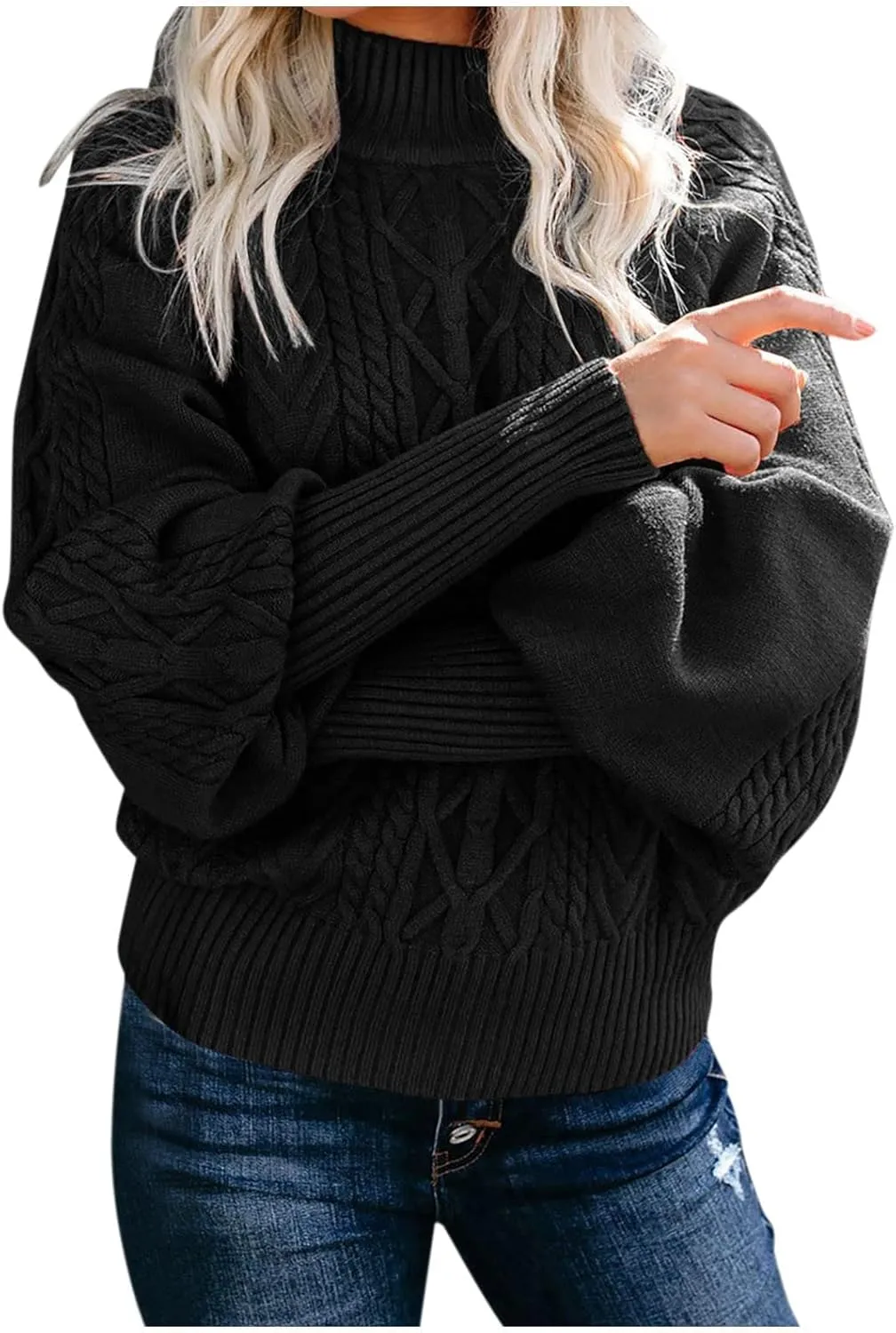 Sweaters for Women Mock Turtleneck Solid Cable Knitted Trendy Lantern Sleeve Warm Comfort Pullover Sweaters Tops