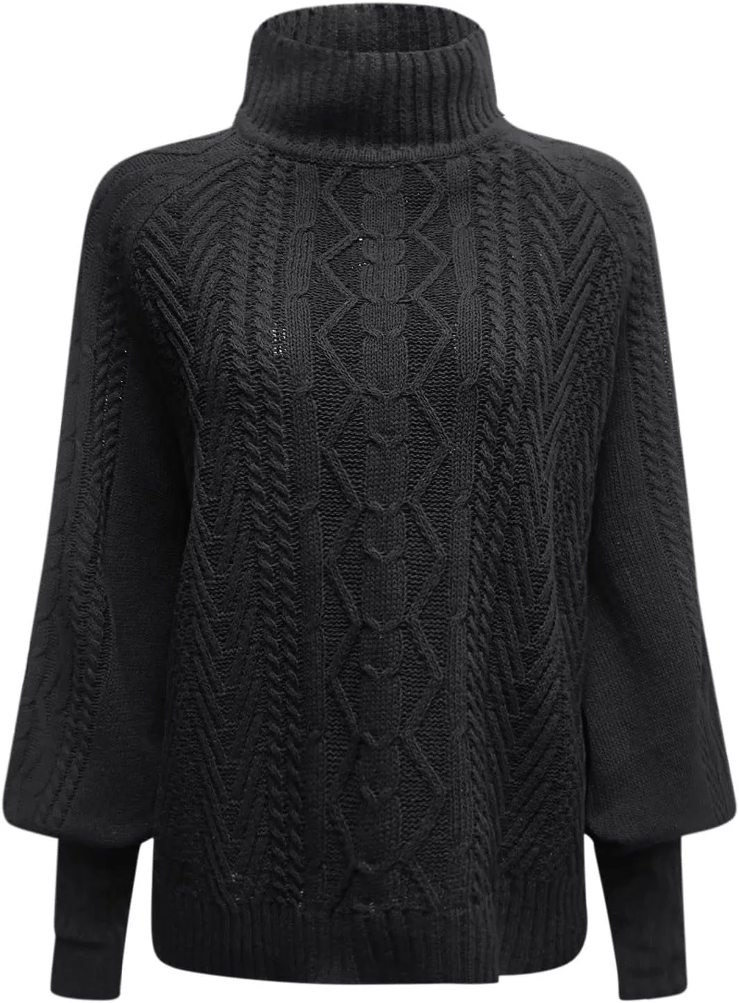 Sweaters for Women Mock Turtleneck Solid Cable Knitted Trendy Lantern Sleeve Warm Comfort Pullover Sweaters Tops