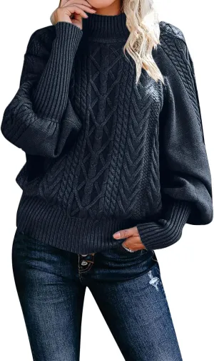 Sweaters for Women Mock Turtleneck Solid Cable Knitted Trendy Lantern Sleeve Warm Comfort Pullover Sweaters Tops