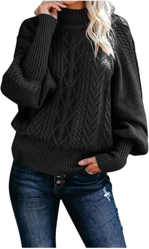 Sweaters for Women Mock Turtleneck Solid Cable Knitted Trendy Lantern Sleeve Warm Comfort Pullover Sweaters Tops