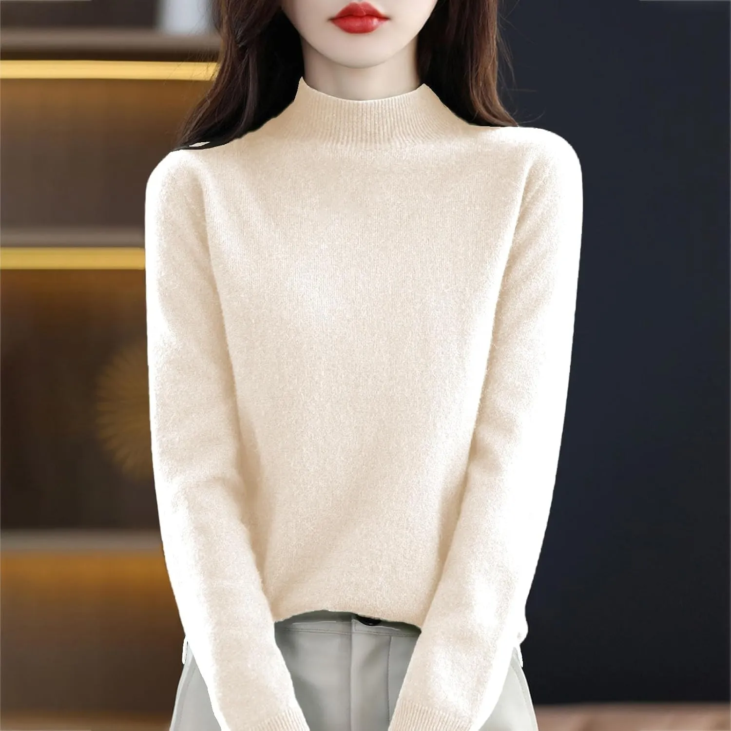 Sweaters for Women Oversized Mock Neck Cashmere Sweater Plain Long Sleeve Fleece Pullover Cozy Wool Cute Knit Sweater