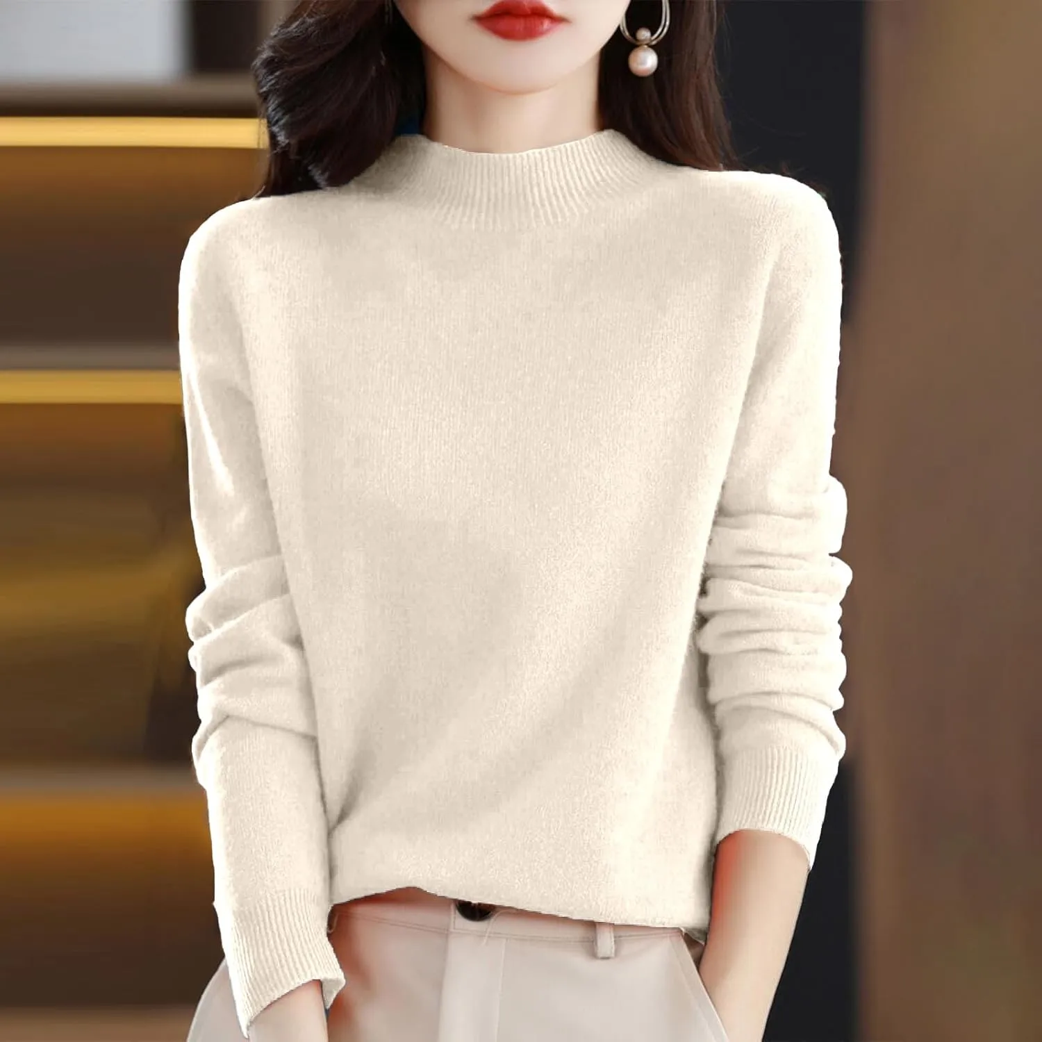 Sweaters for Women Oversized Mock Neck Cashmere Sweater Plain Long Sleeve Fleece Pullover Cozy Wool Cute Knit Sweater